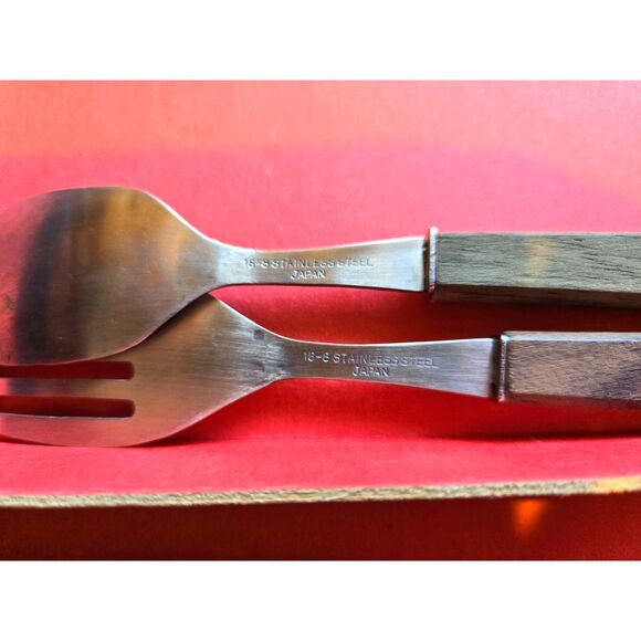 Vtg Mid-Century Stainless Steel & Wood Relish Tray w/Serving Fork & Spoon NIB - Picture 4 of 4